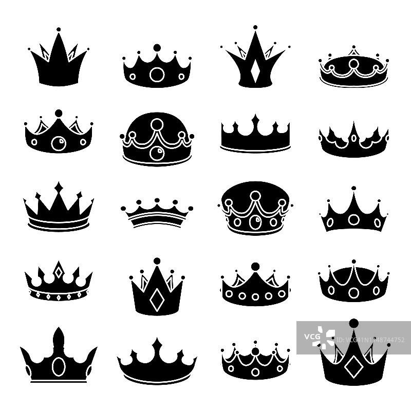 君主中世纪皇家皇冠皇后国王领主公主王子头部卡通剪影图标集孤立矢量插图图片素材