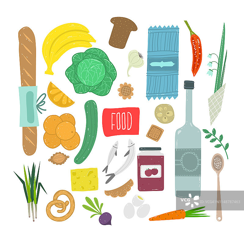 食物。手绘一套健康食品配料与字母。图片素材