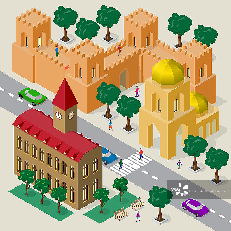 欧式矢量城市景观。一套等距建筑，市政厅，教堂，堡垒墙与塔，道路，长凳，树木，汽车和人。图片素材