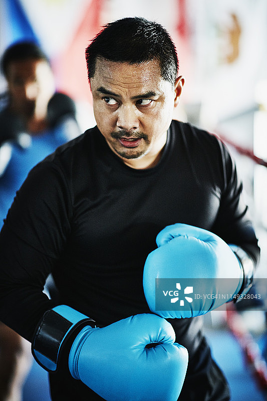 男拳击手在健身房的拳击台上锻炼图片素材