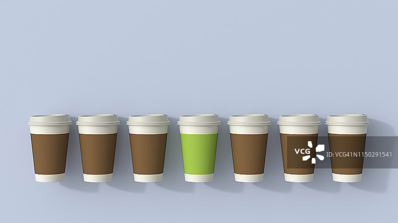 3D渲染，一排一次性咖啡杯和一个绿色的局外人图片素材