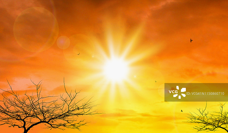 极端太阳和天空背景的热浪。炎热天气与全球变暖的概念。夏季温度。图片素材