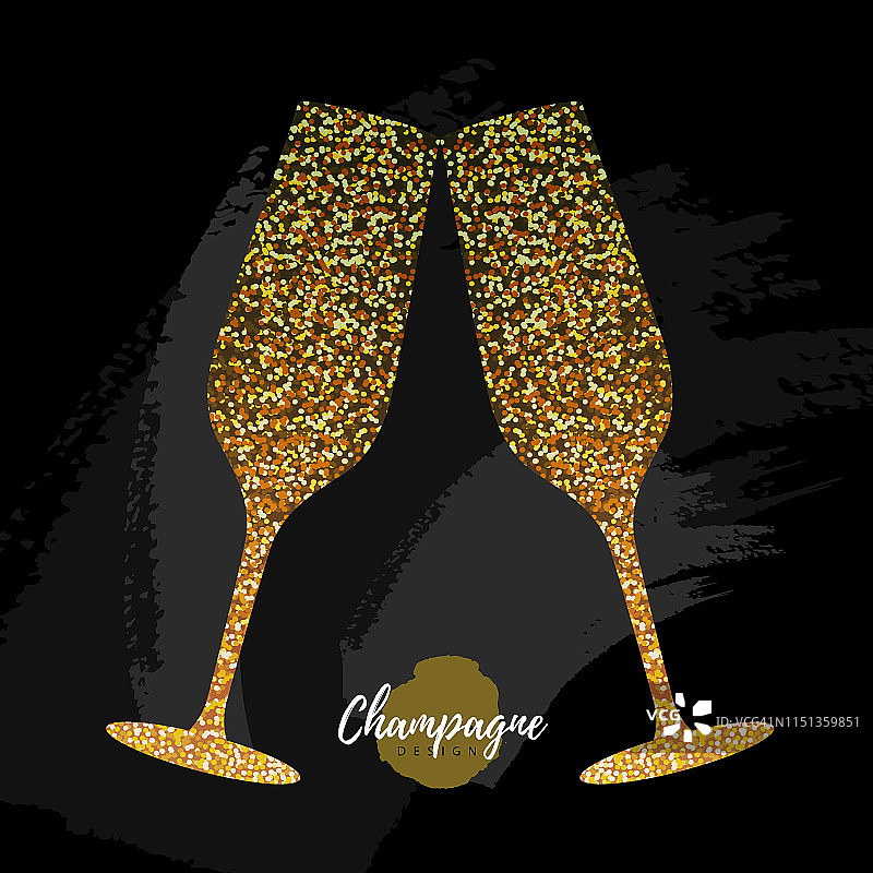 香槟玻璃矢量图标。金色的香槟酒杯上的黑色背景图片素材