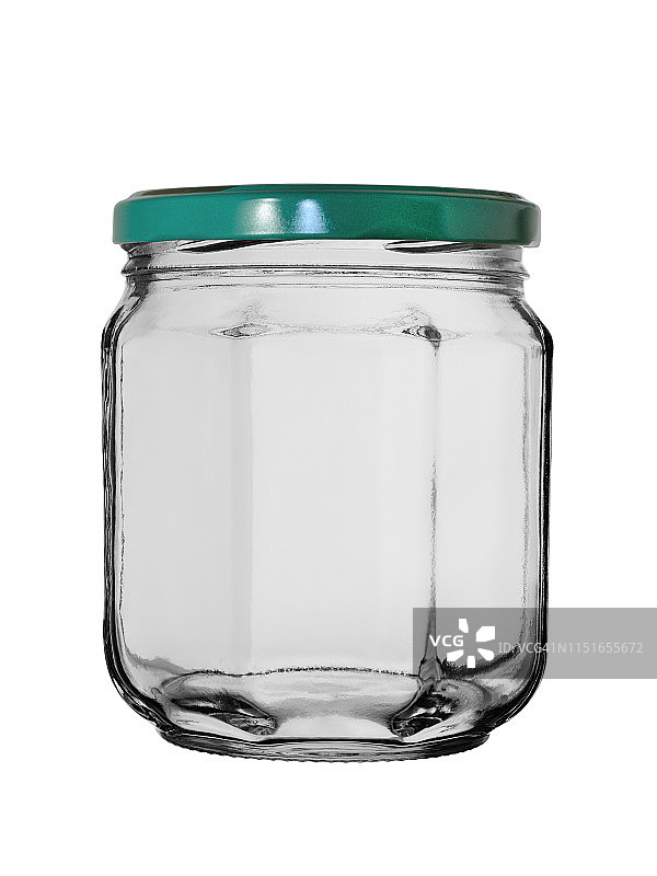 这个玻璃空罐子盖上了金属盖。孤立在白色背景上。图片素材