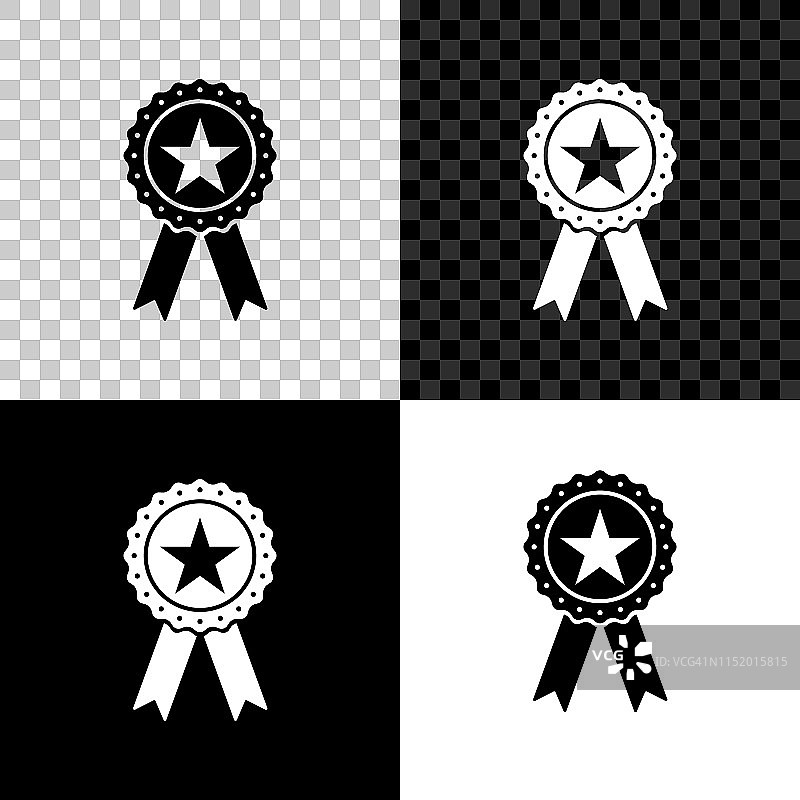 奖章与星和丝带图标孤立在黑色，白色和透明的背景。冠军成就的迹象。冠军奖牌象征。成功的象征。矢量图图片素材