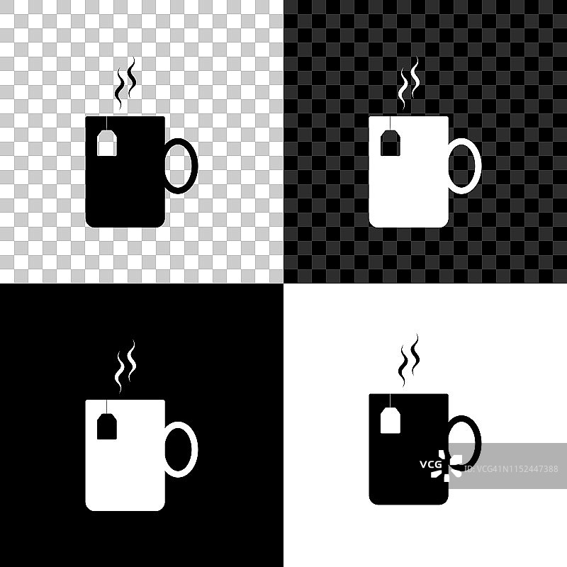 茶杯茶与茶袋图标孤立在黑色，白色和透明的背景。矢量图图片素材