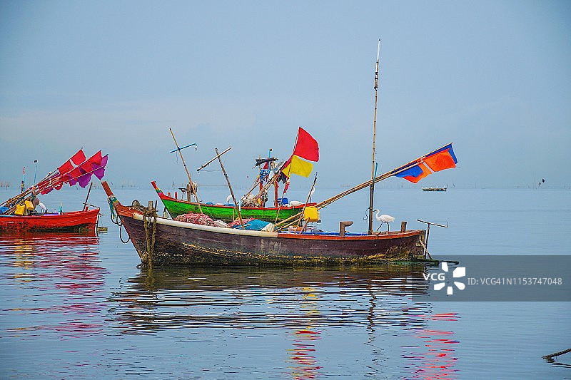 泰国，海鸥站在渔船上的特写镜头图片素材