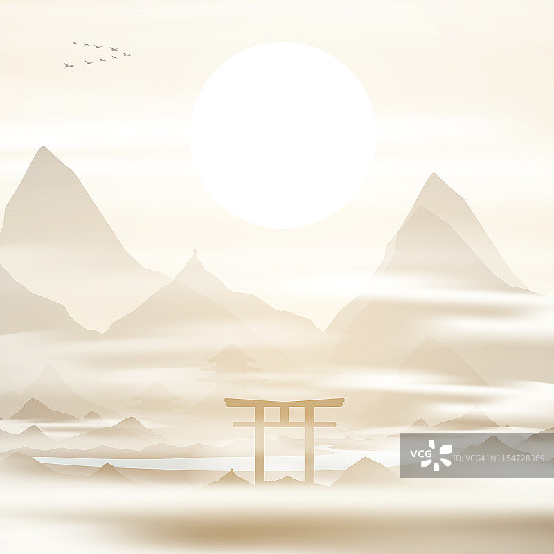 日本，群山以雾气缭绕的鸟居门为背景图片素材