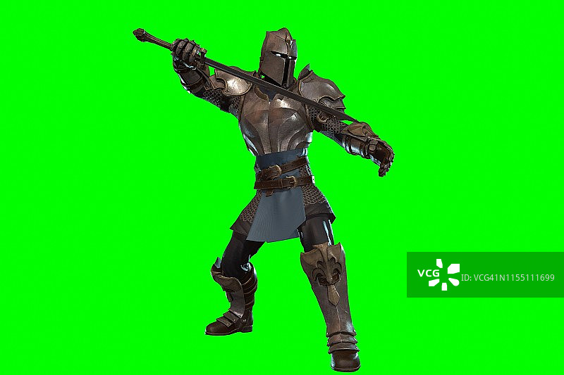 幻想人物骑士史诗姿态剑- 3D渲染在绿色背景图片素材
