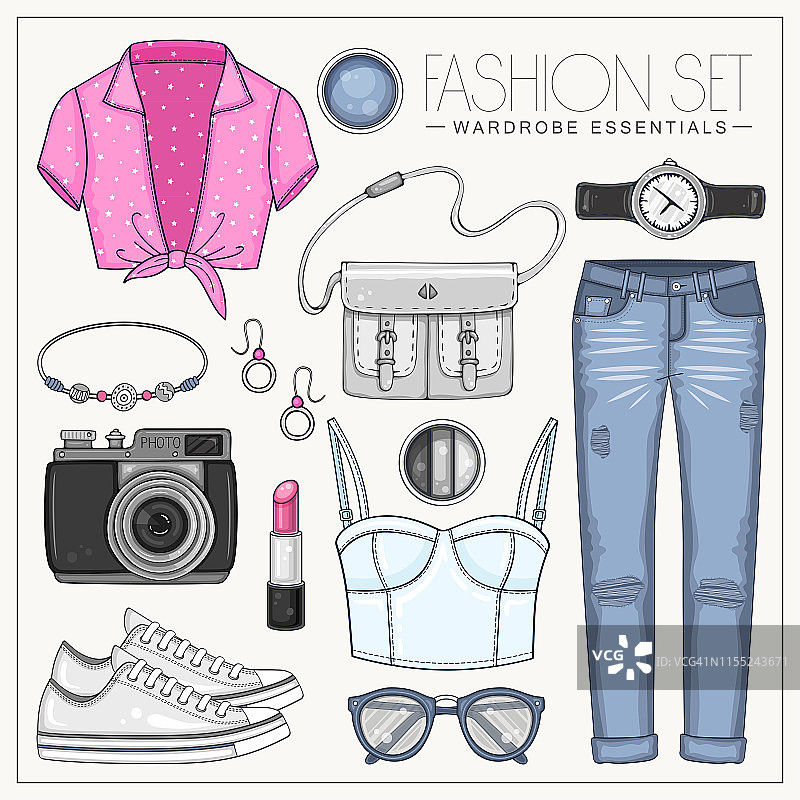 夏日女性时尚套装，包括上衣、包包、相机、太阳镜和牛仔裤图片素材