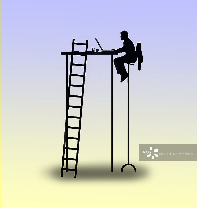 一个男人在一张高桌子上工作，梯子靠在书桌上，描绘着雄心和成功。图片素材