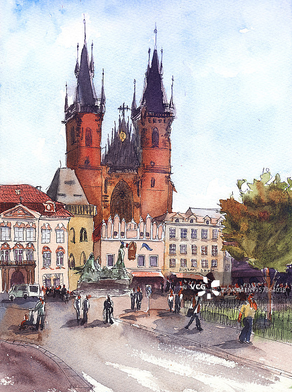 水彩经典教堂在老城广场附近的布拉格天文钟布拉格图片素材