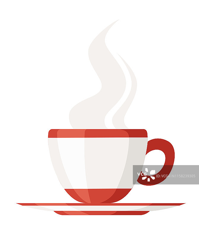 红白相间的茶杯和茶托。热气腾腾的茶杯浮了起来。图标标识平面设计。矢量插图孤立在白色背景图片素材