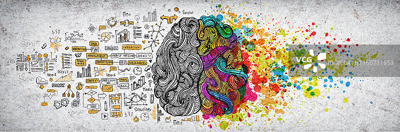 左脑右脑概念，纹理插图。人的大脑由创造性的左右两部分组成，情感和逻辑部分以社会和商业概念涂鸦插画的左侧，而艺术绘画泼洒的右侧图片素材