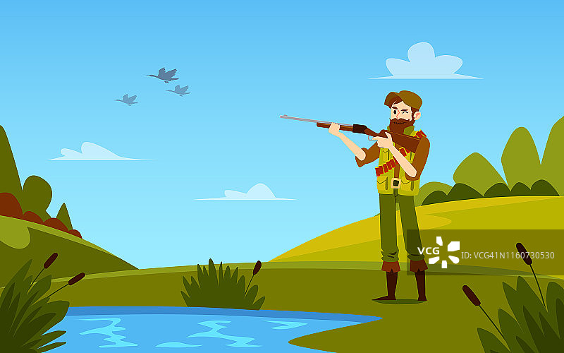 手持猎枪的男子站在户外卡通风格的猎鸭图片素材