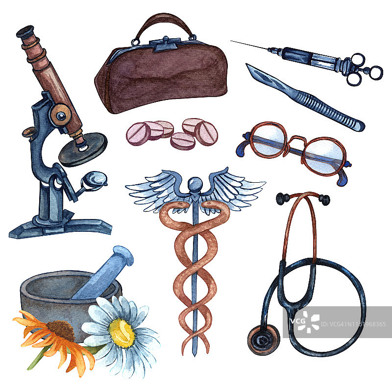 医疗护理元素的复古集合。一套水彩医疗或制药设备，药品、药丸、针剂、听诊器、显微镜。图片素材