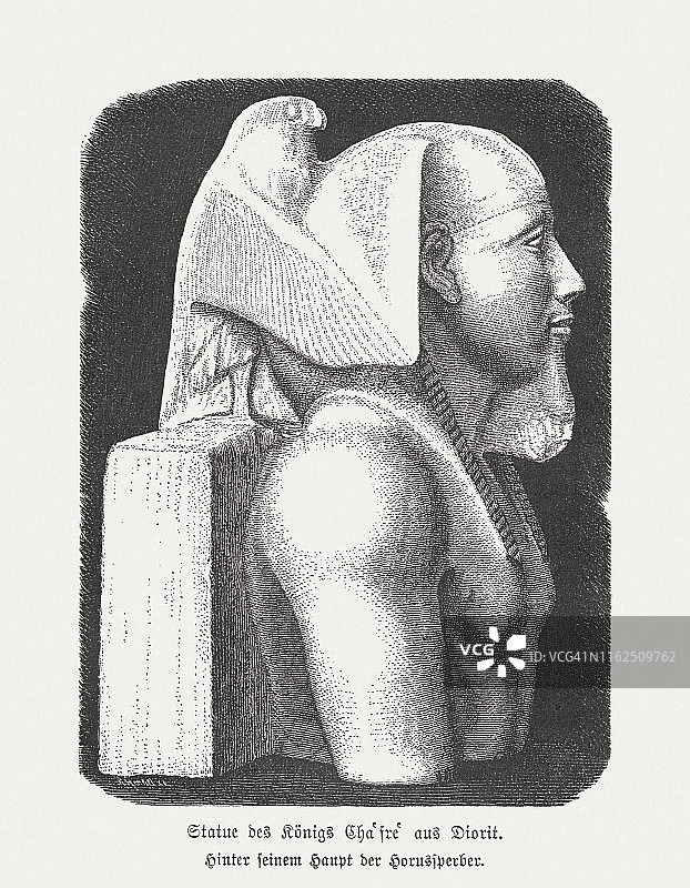 埃及法老哈夫拉，古闪长岩雕塑，木刻，1879年出版图片素材