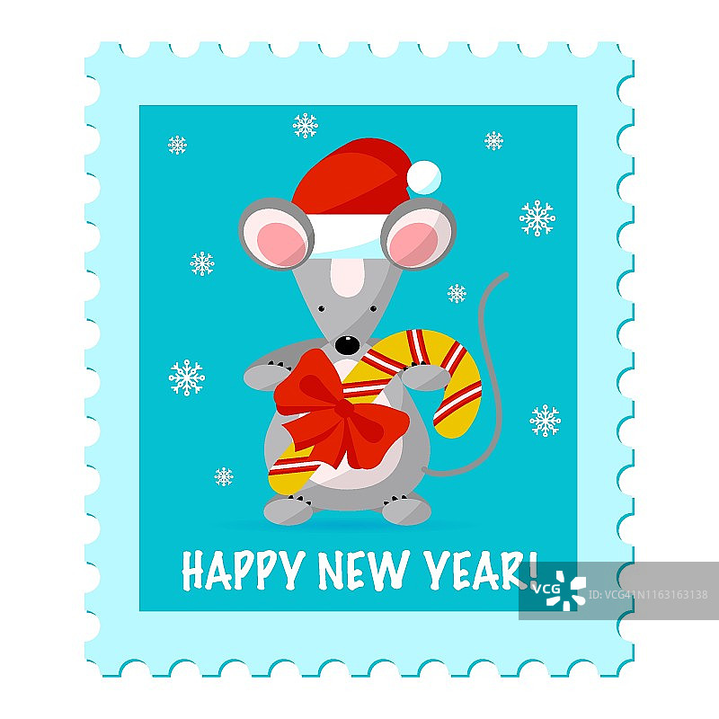 可爱的老鼠戴着圣诞帽，拿着圣诞糖果。图片素材