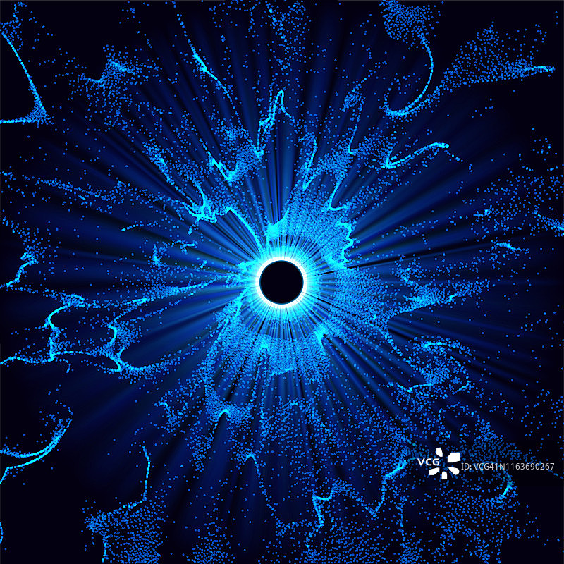 空间中的黑洞。抽象矢量背景与蓝色色调漩涡和洞中心或溃散孤立在黑色。天文插图。向量。图片素材
