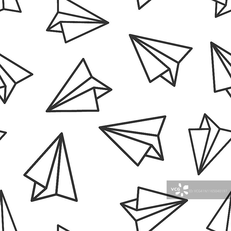 纸飞机图标无缝图案背景。平面矢量插图上的白色孤立背景。航空飞行业务概念。图片素材