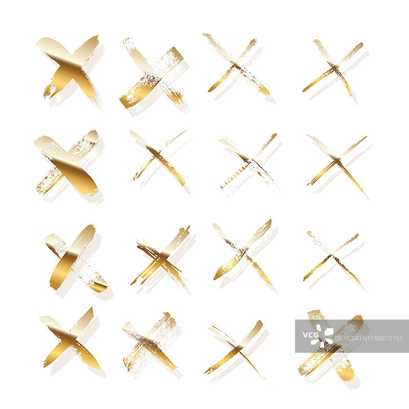 金色的十字架由白色背景上的笔触隔开。向量设计元素集。图片素材