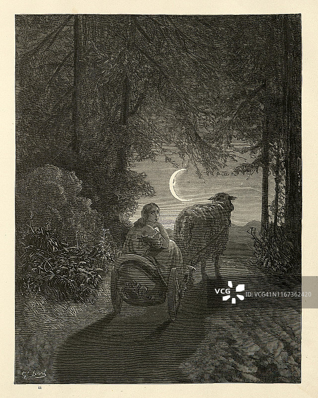 公主坐在一辆由羊拉着的马车里，童话故事，Peau d'Ane图片素材