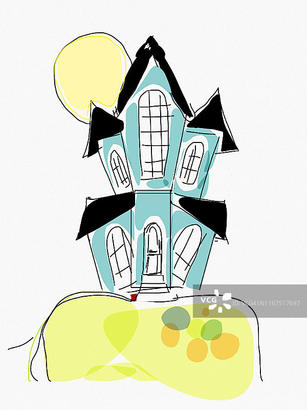 鬼屋素描图像，万圣节大厦的卡通图片和简单的房子矢量插图在山上与艺术作品和线条艺术显示黑色的屋顶，拱形的窗户和前门，满月/太阳在孤立的房子后面的背景图片素材