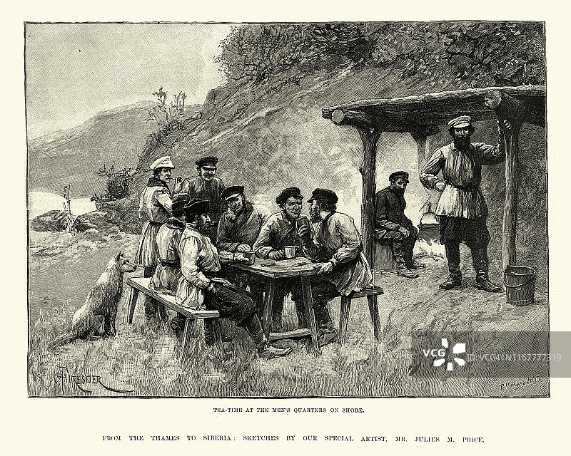 俄罗斯男人喝茶，西伯利亚，俄罗斯，19世纪图片素材