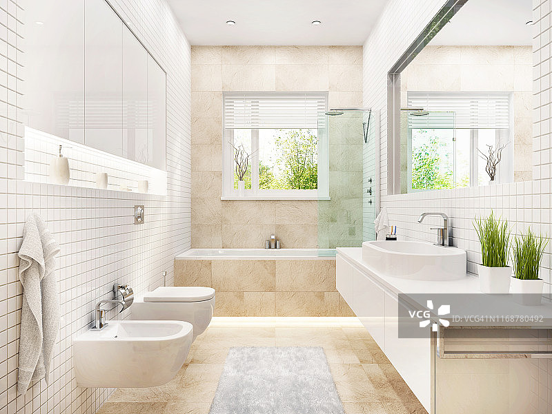 现代白色浴室，浴室和窗户图片素材