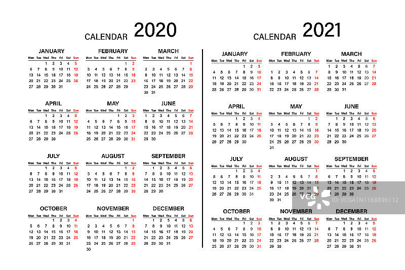 日历2019年2020年。下周一开始。2020-2021年，日历设计。图片素材