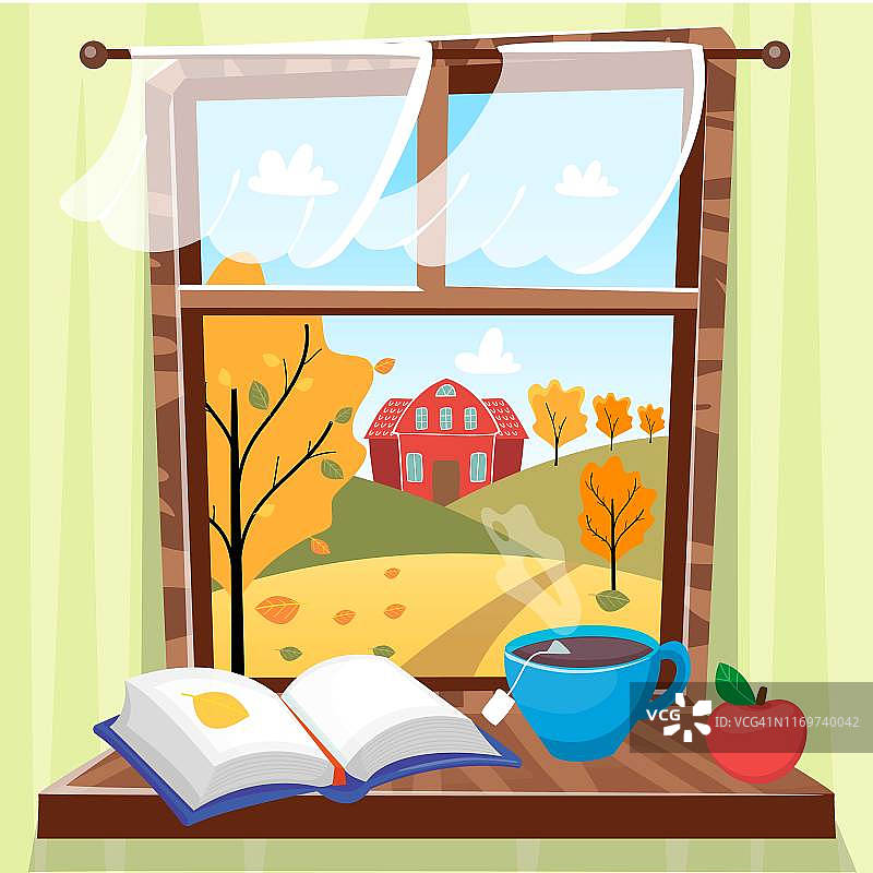 舒适的秋季窗户与美丽的秋天景色与树木，房子和田野。窗台上放着书、苹果和一杯茶。Hygge概念。矢量插图卡通平面风格。图片素材