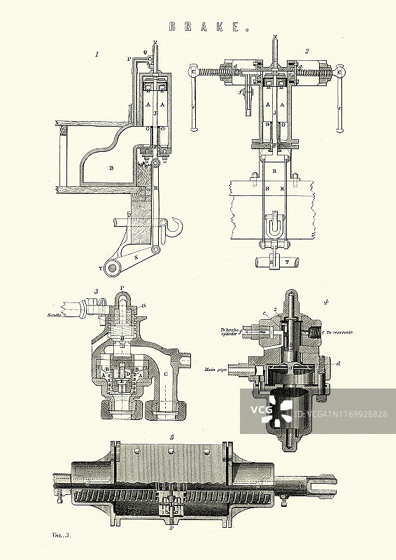 维多利亚时代工业机械制动器示意图，19世纪图片素材