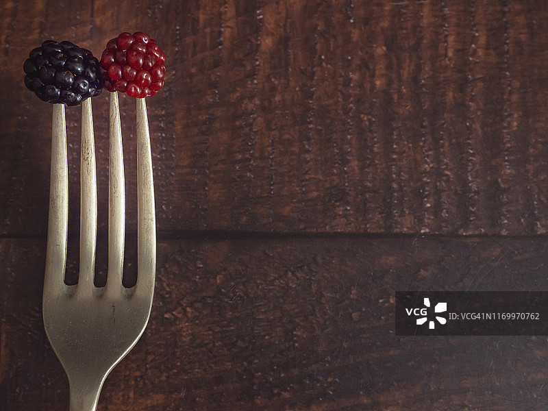 秋天的果实:一个老羊驼叉，上面有一个黑莓和一个刺穿的红莓图片素材