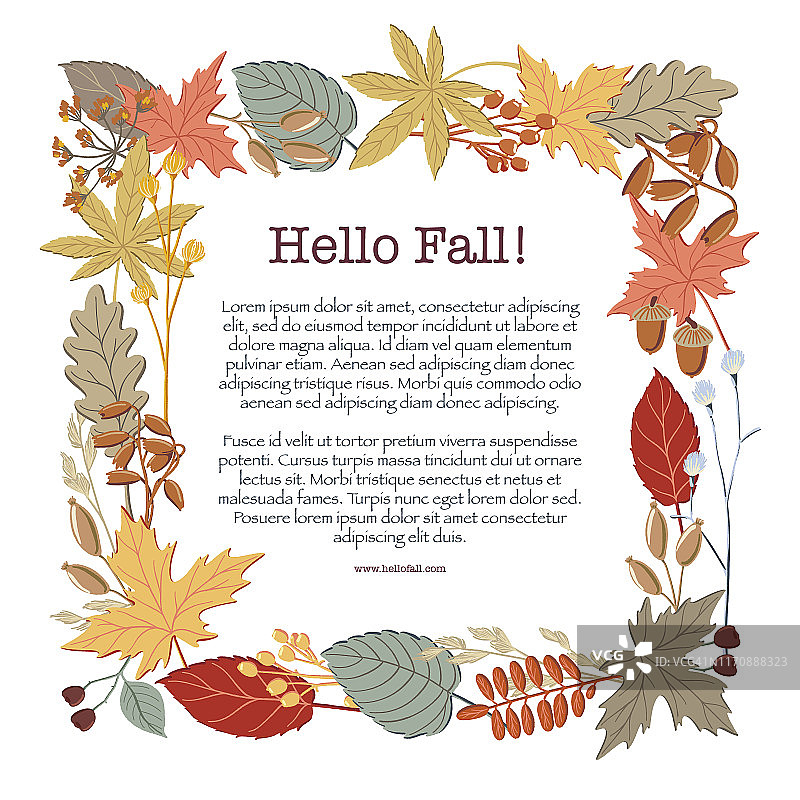 方形框架制成的秋天，秋天的叶子，树枝和树枝的地方文字内，矢量插图。方框，边框设计，有细枝和树枝图片素材