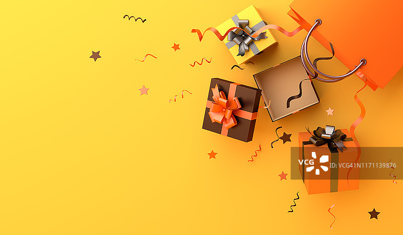 购物袋，礼盒，橙色背景的五彩纸屑。万圣节快乐庆祝节日设计创意概念。图片素材