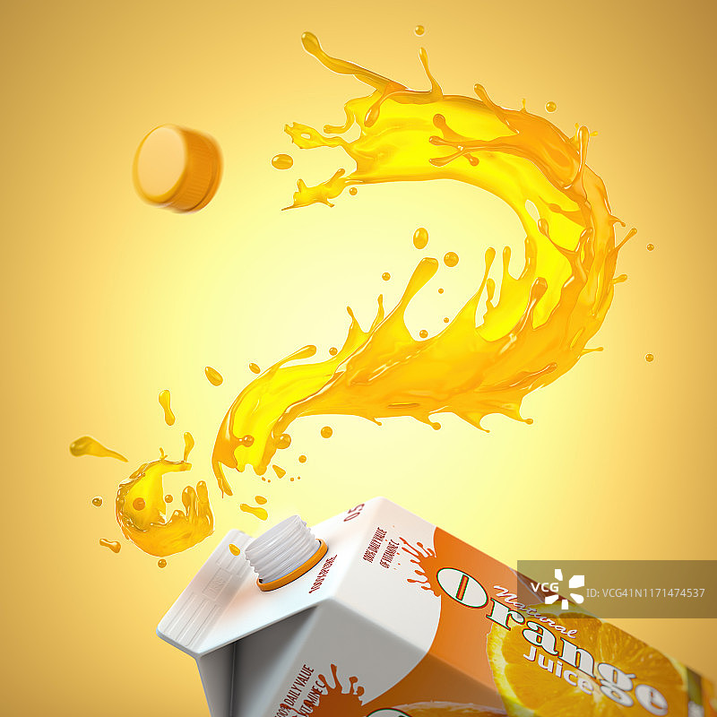橙汁喷溅以问号的形式，包装为四环装或纸箱。关于橙汁选择及其特性概念的常见问题。图片素材