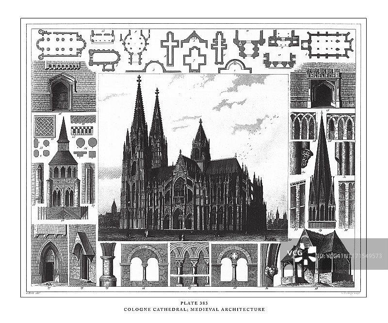 科隆大教堂;中世纪建筑雕刻古董插图，出版于1851年图片素材