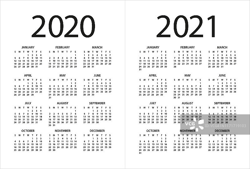 日历2020 2021 -插图。星期日开始上班图片素材