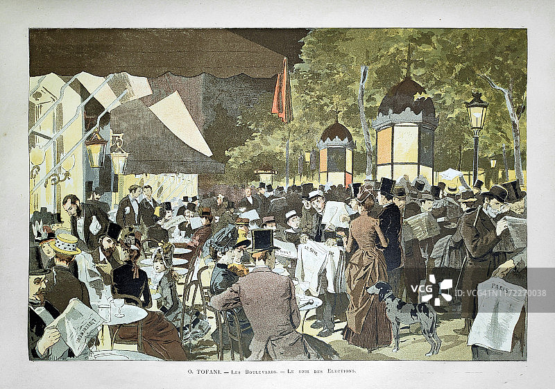 19世纪巴黎人夜间在林荫大道上的插图图片素材