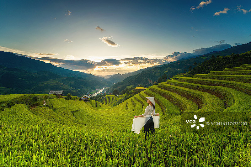 越南北部延白的木仓寨，穿着越南传统敖代服饰的越南女孩在收获季节的稻田梯田里。图片素材