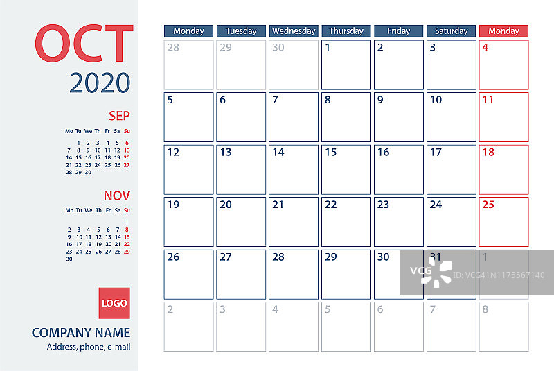 2020年10月日历规划师矢量模板。一周星期一图片素材