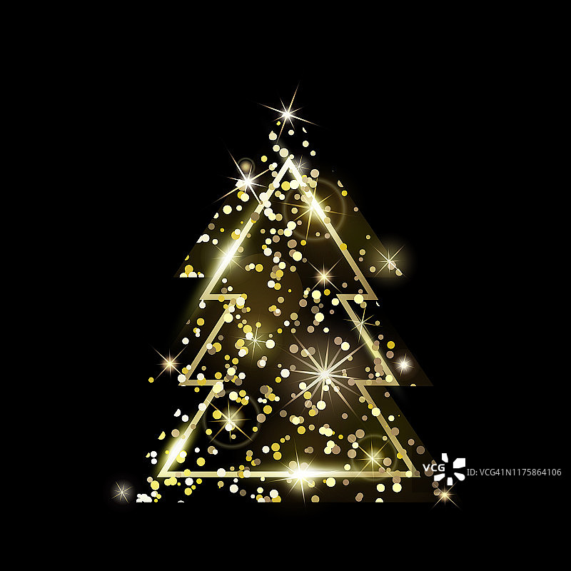 一棵几何圣诞树。金色的闪光。图片素材