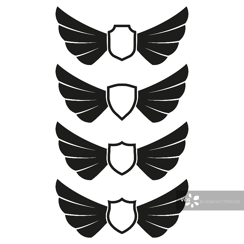 翅膀图标设置与盾牌隔离在白色背景。翼徽或翼标矢量插图。图片素材