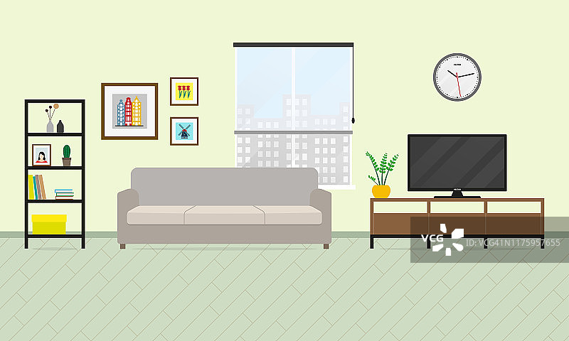 客厅内。平板式家具，包括沙发、书柜、电视等。矢量插图。图片素材