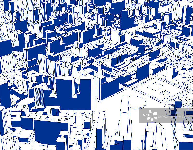 蓝色素描现代城市建筑场景插图海报背景图片素材