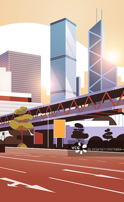 高速公路公路到城市天际线与现代摩天大楼和地铁城市景观日落背景平垂直图片素材