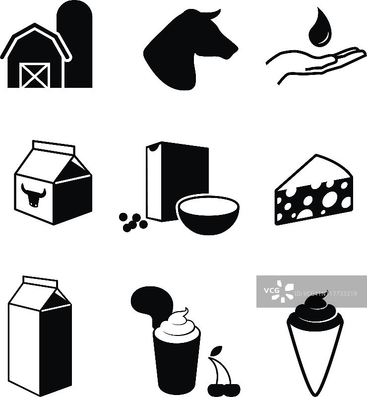 奶牛场和产品黑白矢量图标设置图片素材