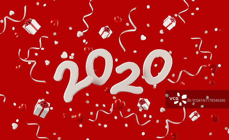 2020年，红色背景上的彩纸和派对彩带被礼盒包围图片素材