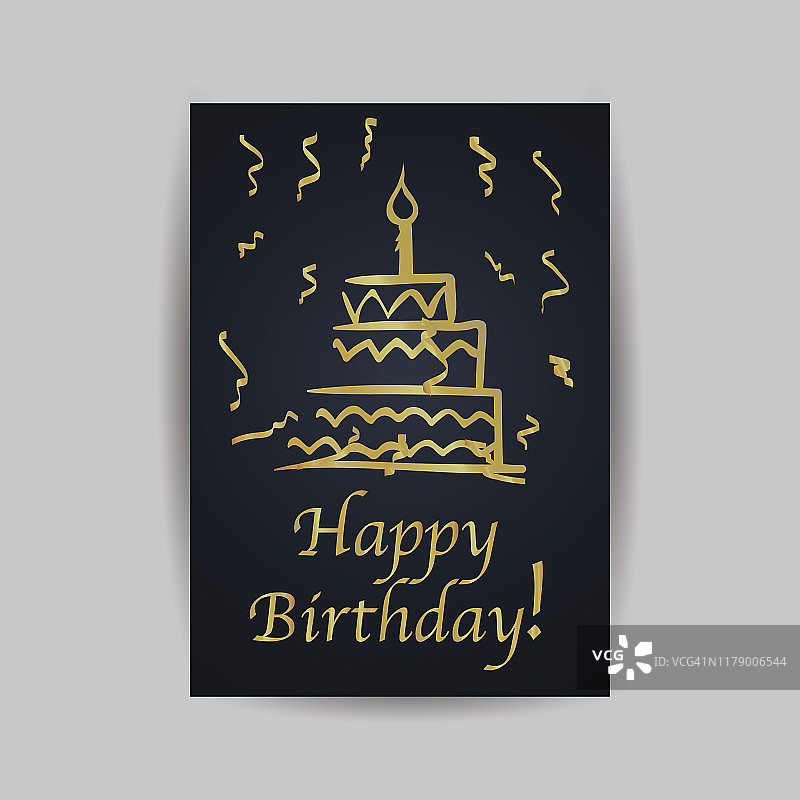 生日庆祝和贺卡，用蛋糕和五彩纸屑，极简主义创意独特的设计。手绘线艺术矢量插图。孤立的背景与阴影图片素材