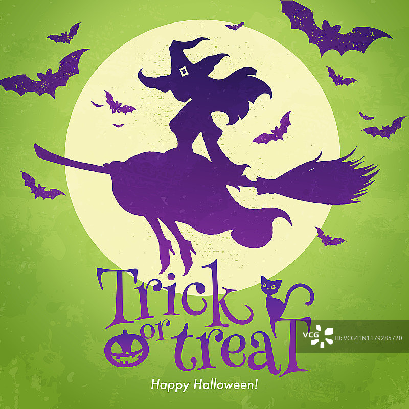不给糖就捣蛋。美丽的女巫骑着扫帚在满月的绿色背景中飞翔。万圣节问候的概念。矢量插图。图片素材
